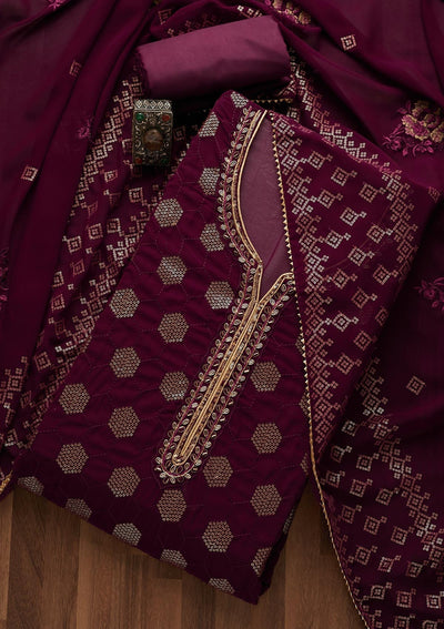Purple Sequins Georgette Unstitched Salwar Suit-Koskii