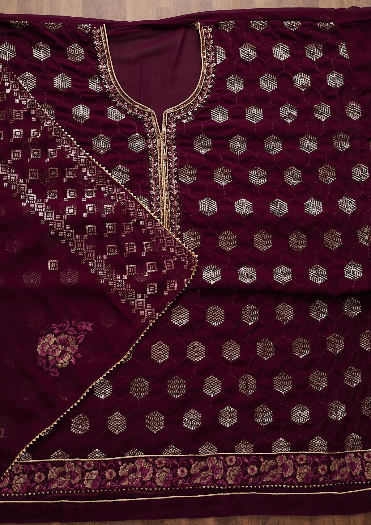 Purple Sequins Georgette Unstitched Salwar Suit-Koskii