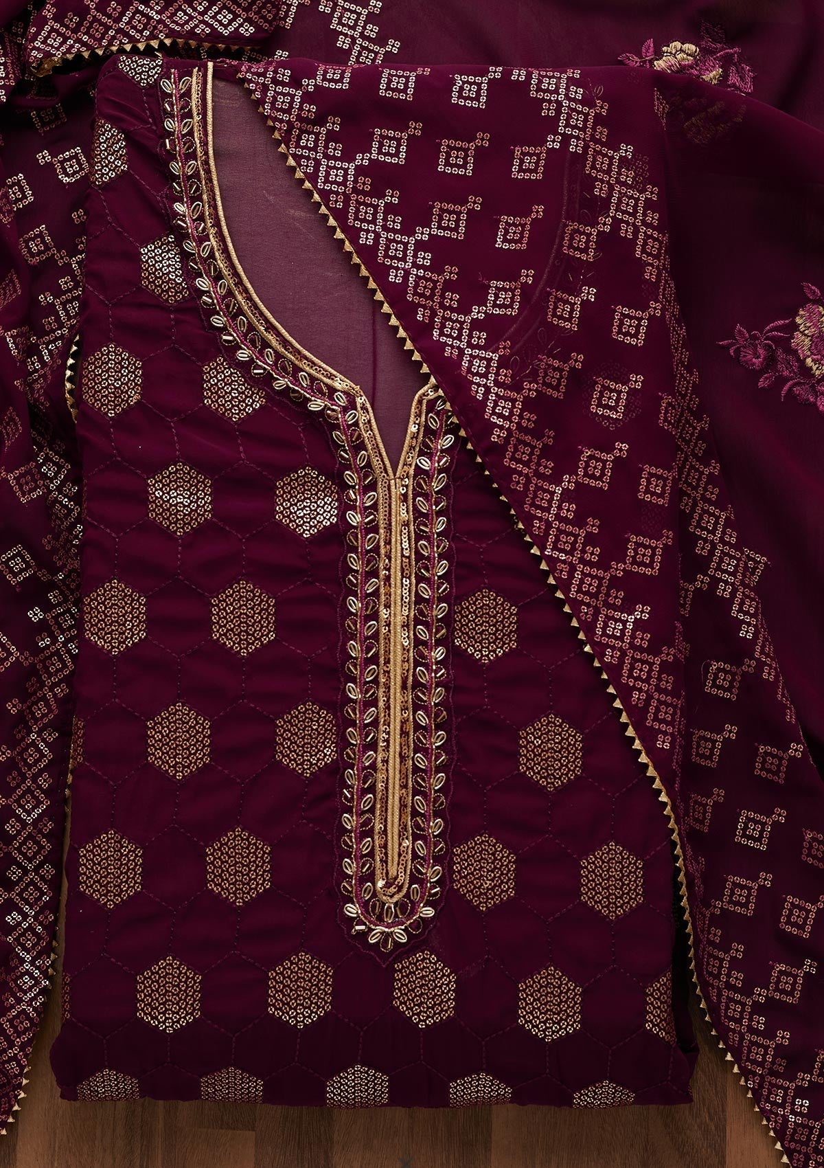 Purple Sequins Georgette Unstitched Salwar Suit-Koskii