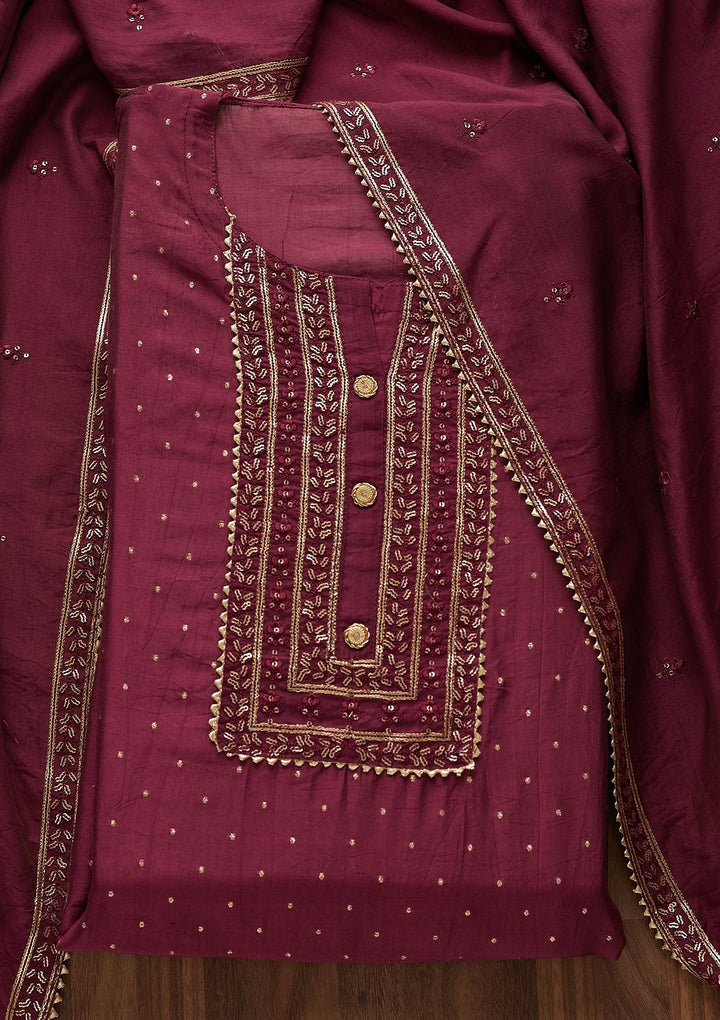 Purple Sequins Semi Crepe Designer Semi-Stitched Salwar Suit - Koskii