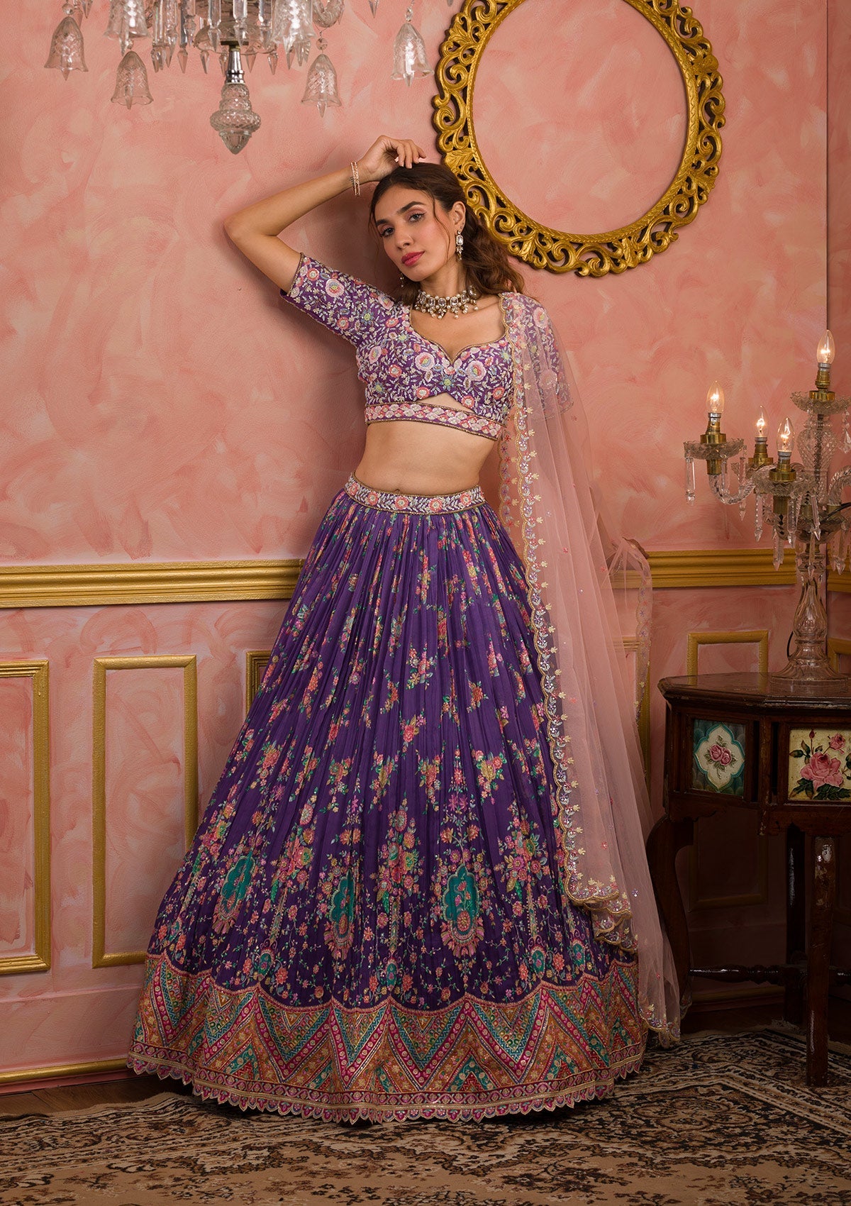 Purple Sequins Tissue Readymade Lehenga-Koskii