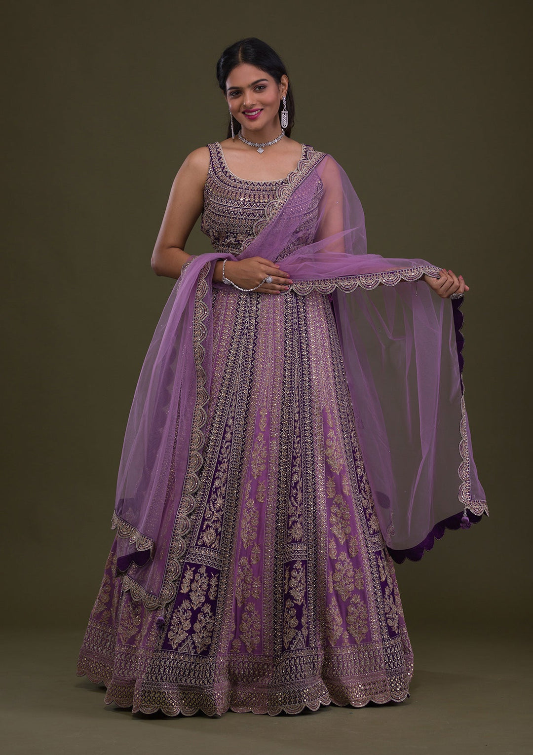 Purple Stonework Georgette Readymade Lehenga-Koskii