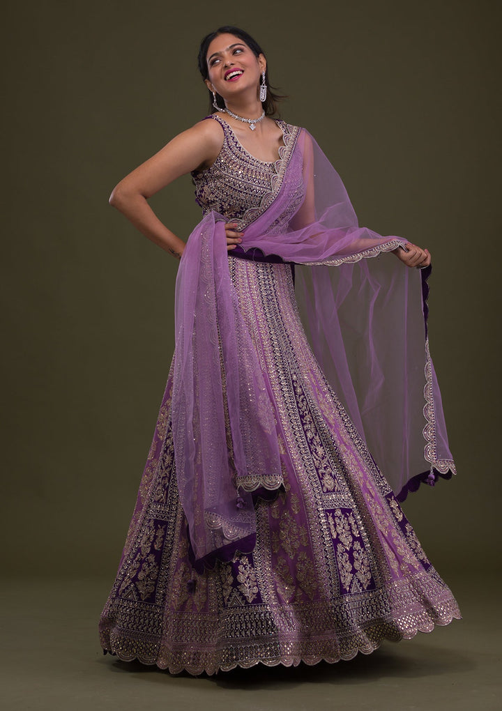 Purple Stonework Georgette Readymade Lehenga-Koskii