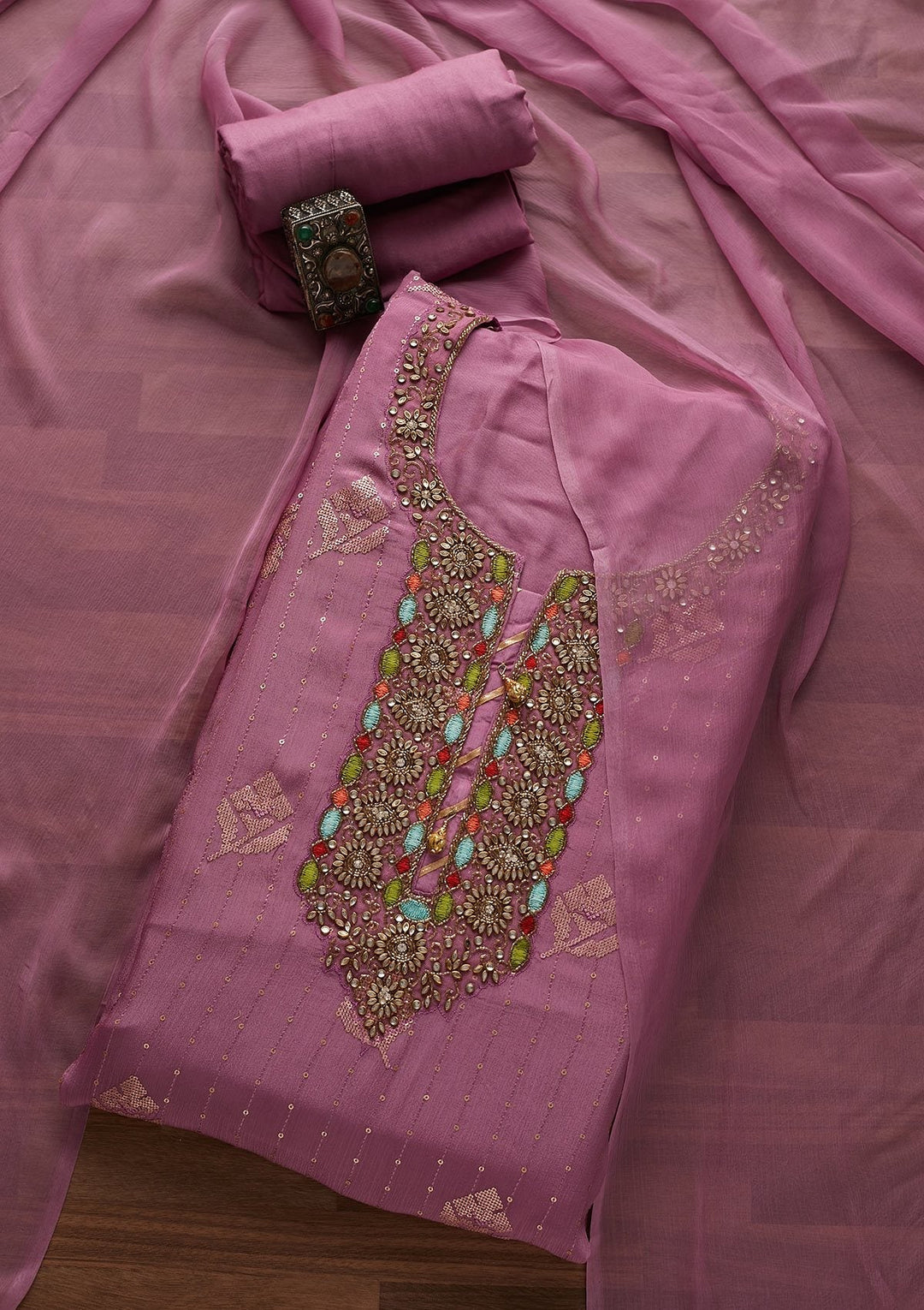 Purple Stonework Georgette Designer Unstitched Salwar Suit - Koskii