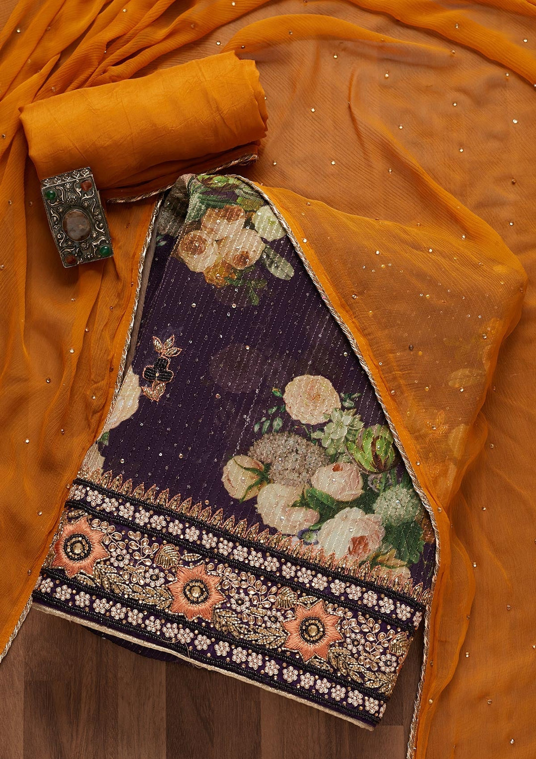 Purple Stonework Georgette Unstitched Salwar Suit- Koskii