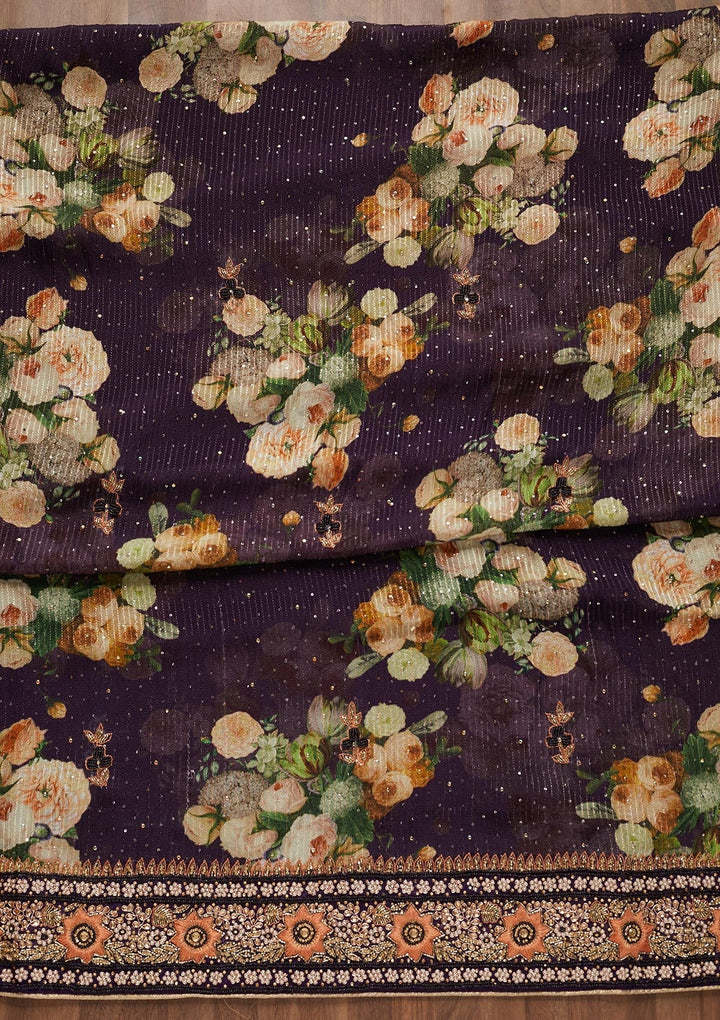 Purple Stonework Georgette Unstitched Salwar Suit - Koskii