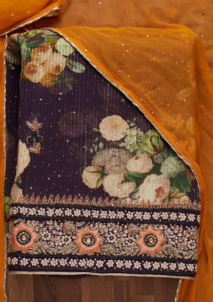 Purple Stonework Georgette Unstitched Salwar Suit - Koskii