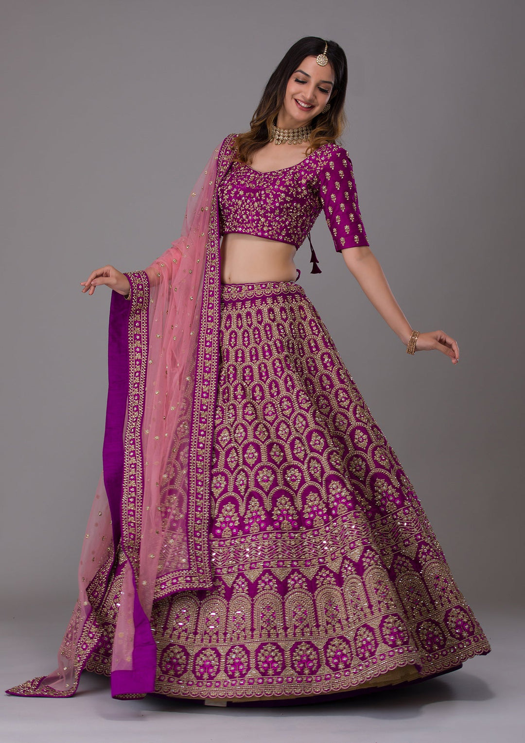 Purple Stonework Raw Silk Designer Lehenga-Koskii