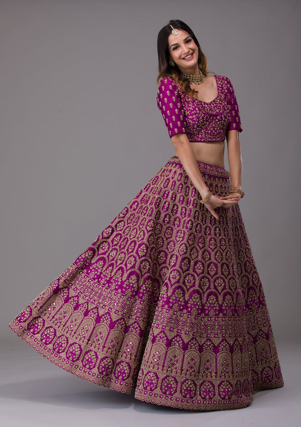 Purple Stonework Raw Silk Designer Lehenga-Koskii