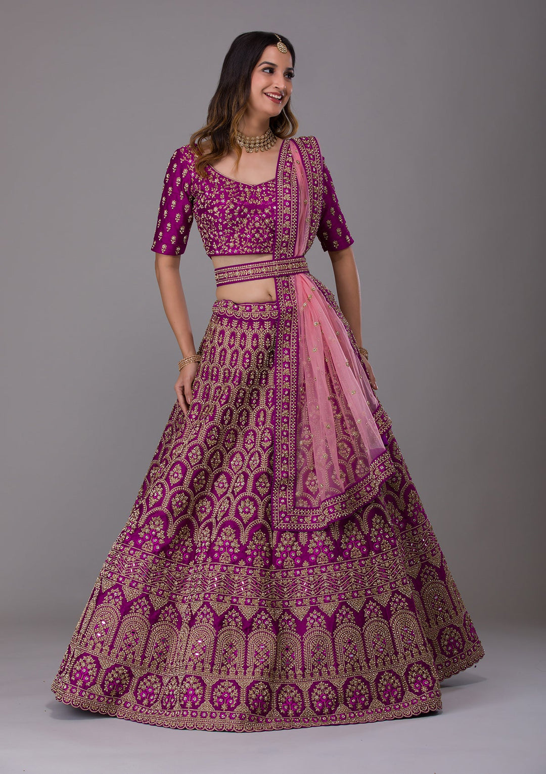 Purple Stonework Raw Silk Designer Lehenga-Koskii