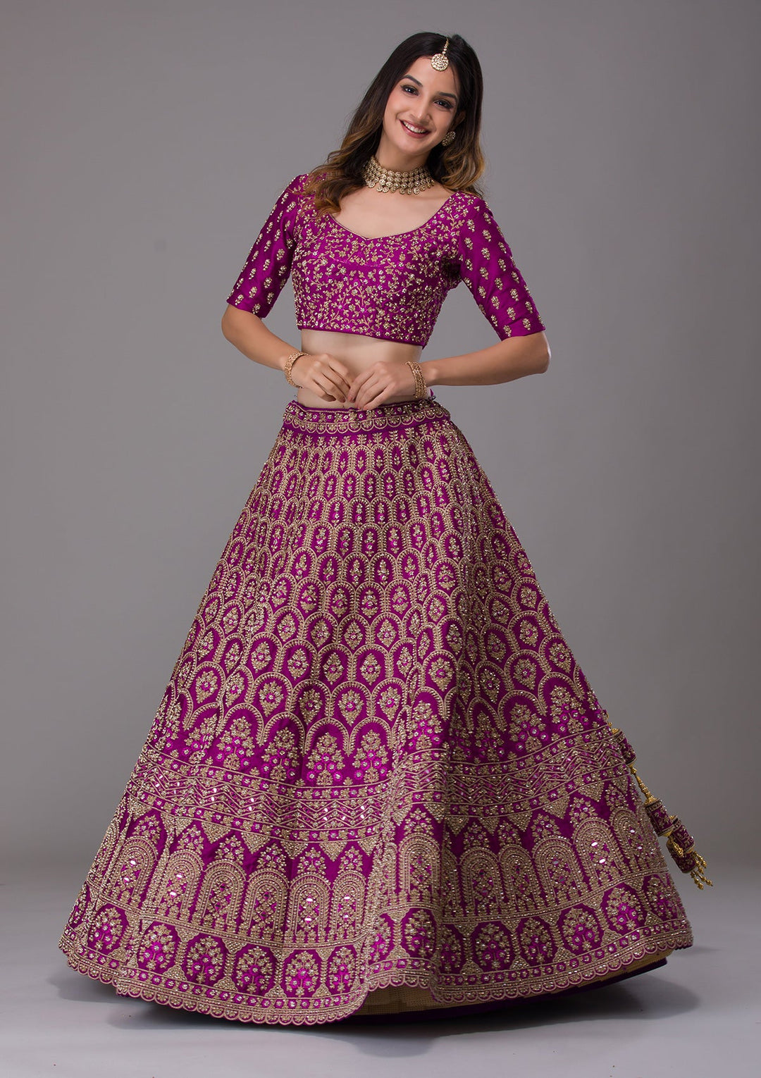 Purple Stonework Raw Silk Designer Lehenga-Koskii