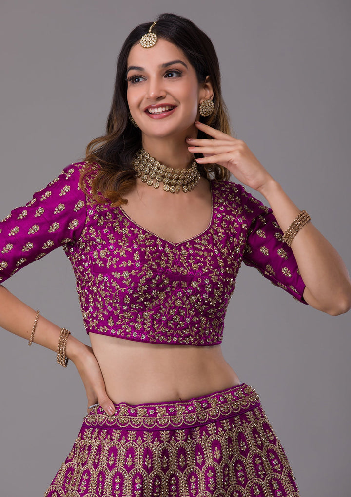 Purple Stonework Raw Silk Designer Lehenga-Koskii