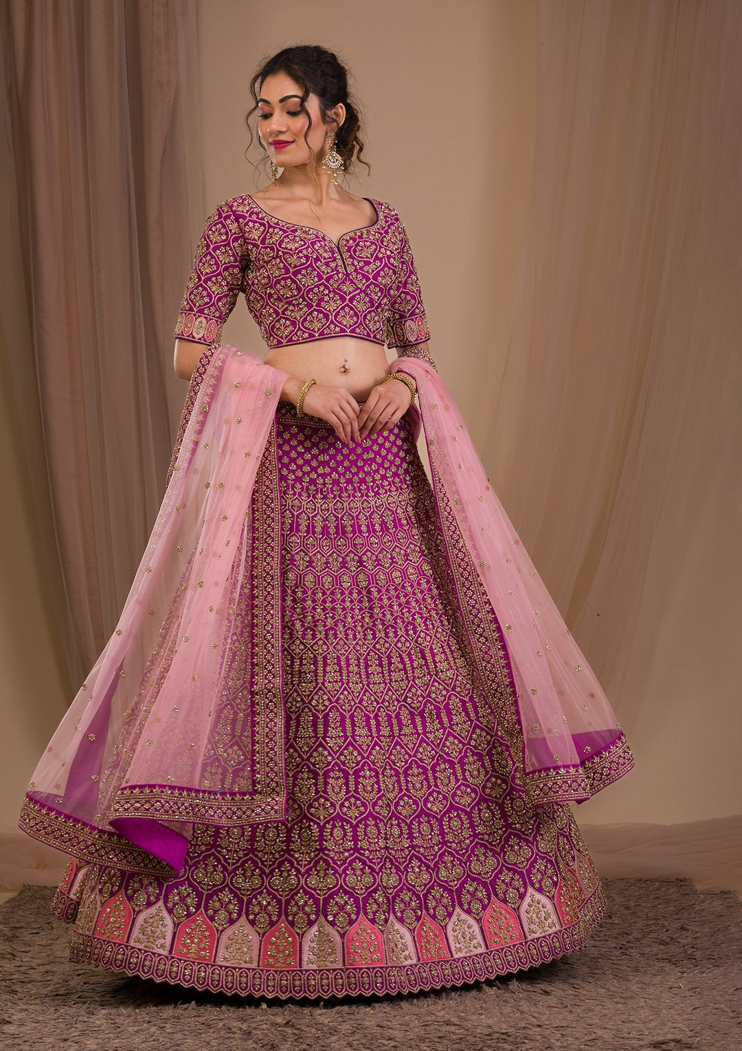 Purple Stonework Raw Silk Readymade Lehenga-Koskii