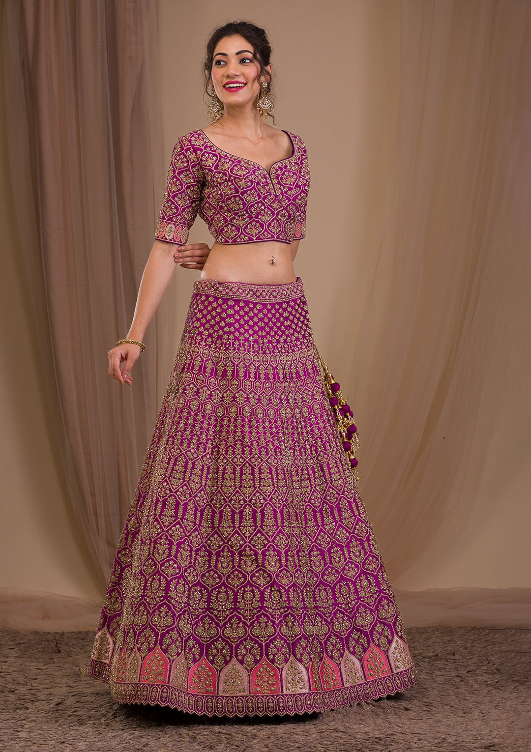 Purple Stonework Raw Silk Readymade Lehenga-Koskii