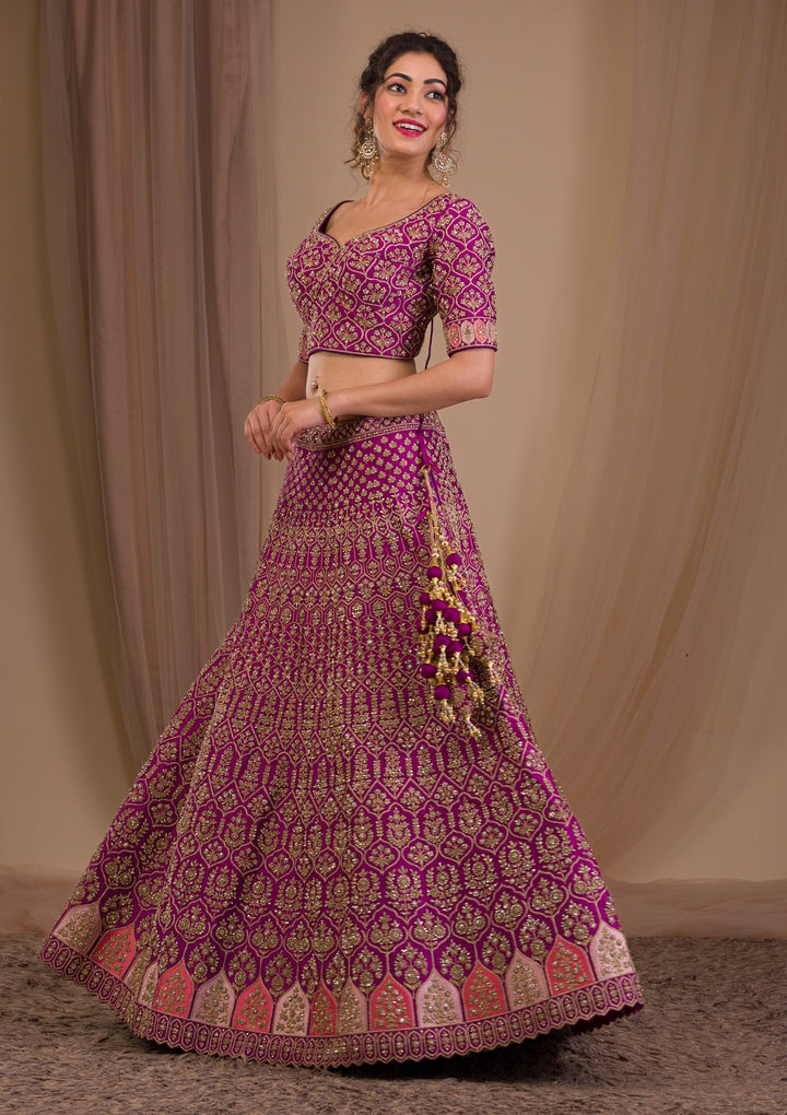 Purple Stonework Raw Silk Readymade Lehenga-Koskii