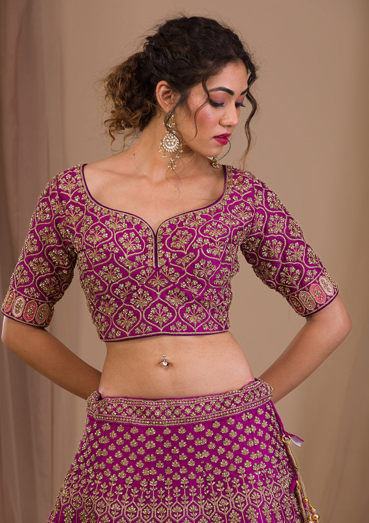 Purple Stonework Raw Silk Readymade Lehenga-Koskii