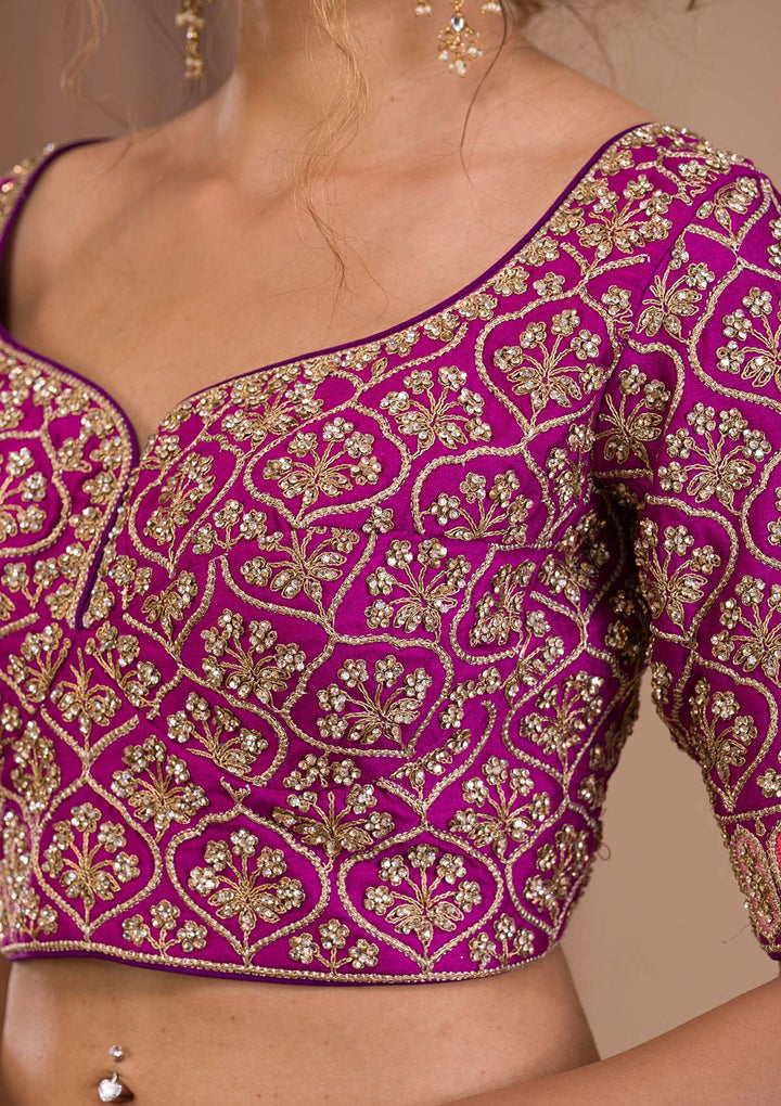 Purple Stonework Raw Silk Readymade Lehenga-Koskii