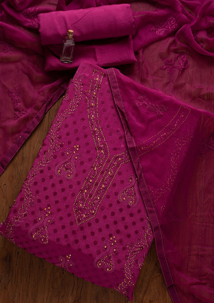 Purple Swarovski Georgette Designer Unstitched Salwar Suit - koskii