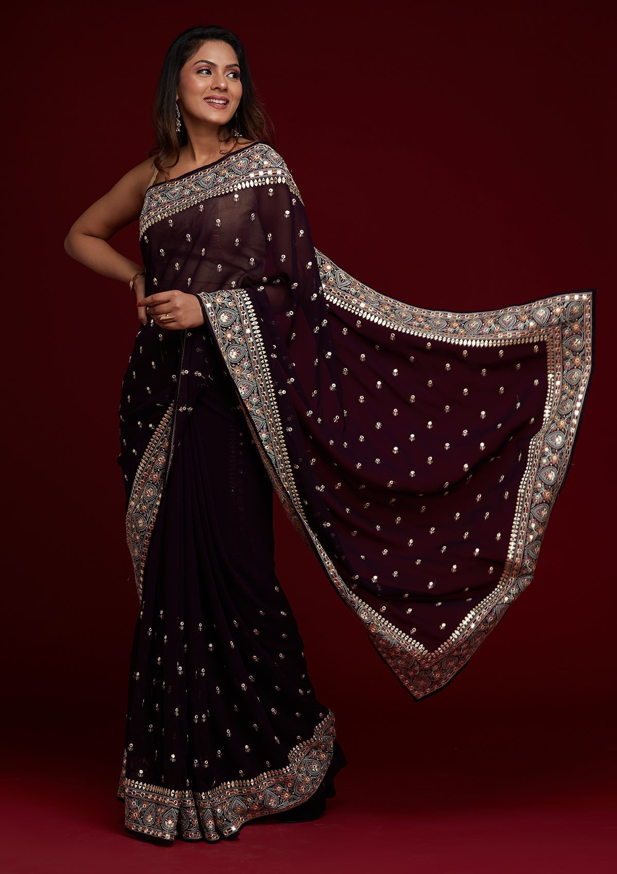 Purple Threadwork Georgette Saree - Koskii