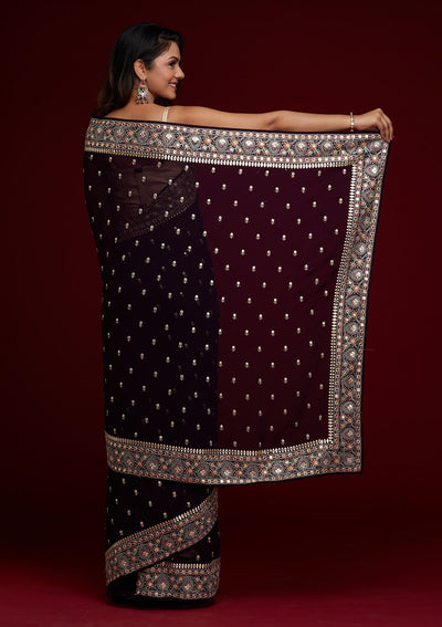Purple Threadwork Georgette Saree - Koskii