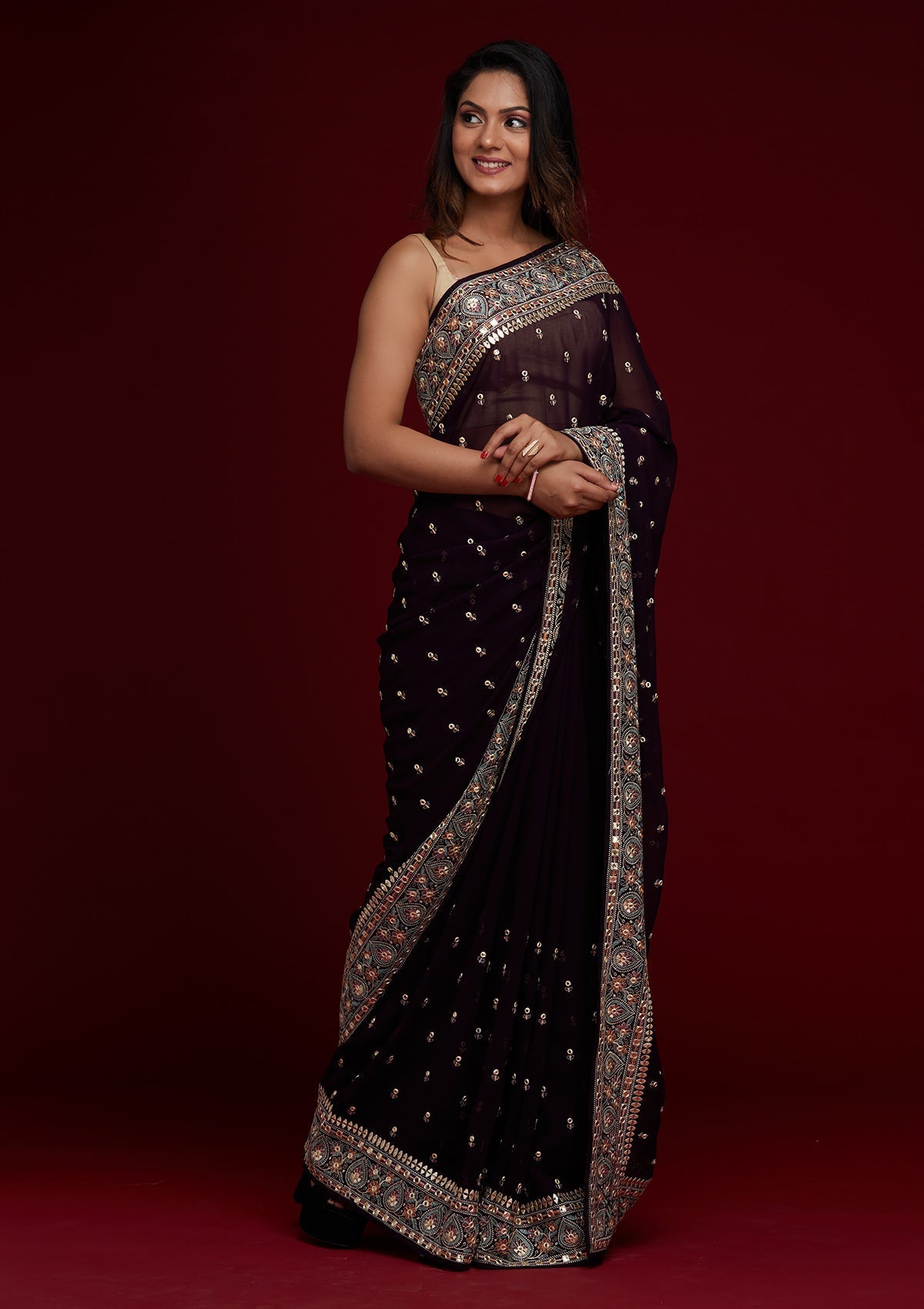 Purple Threadwork Georgette Saree - Koskii