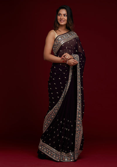 Purple Threadwork Georgette Saree - Koskii