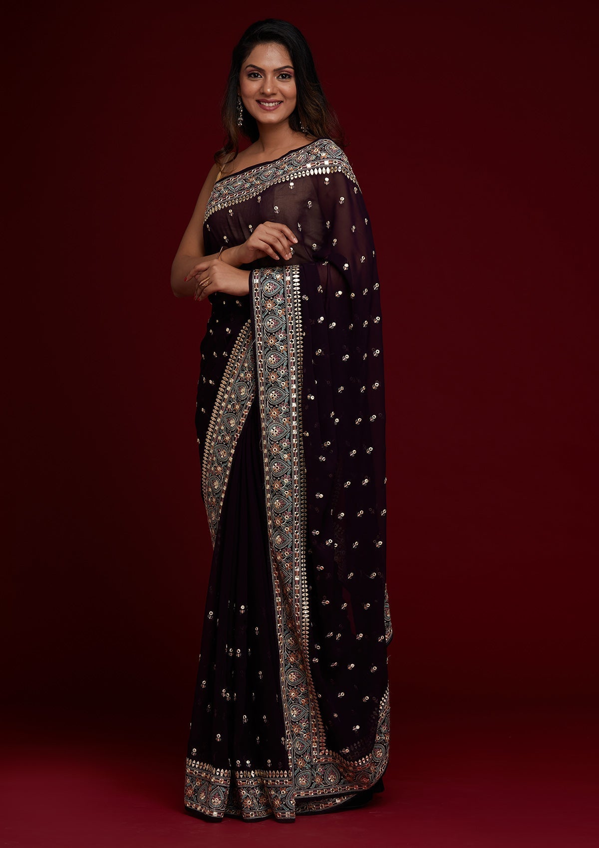 Purple Threadwork Georgette Saree - Koskii
