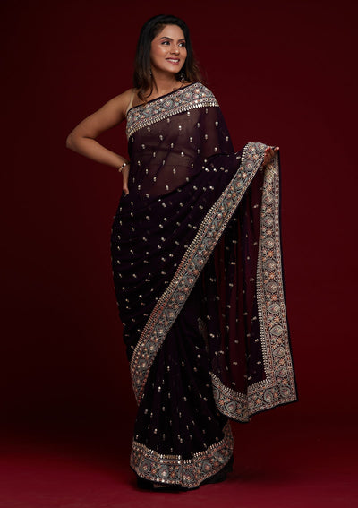 Purple Threadwork Georgette Saree - Koskii