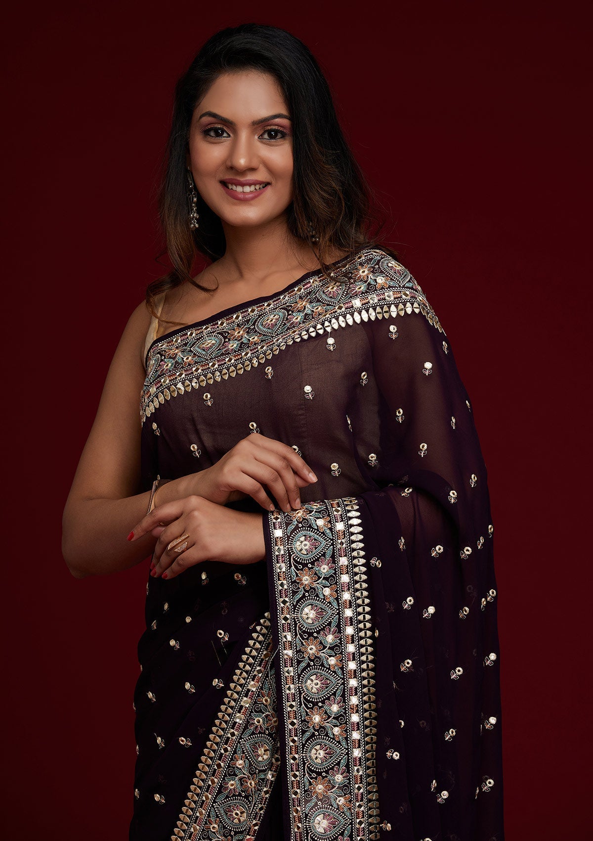 Purple Threadwork Georgette Saree - Koskii