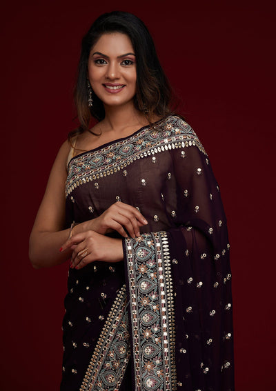 Purple Threadwork Georgette Saree - Koskii