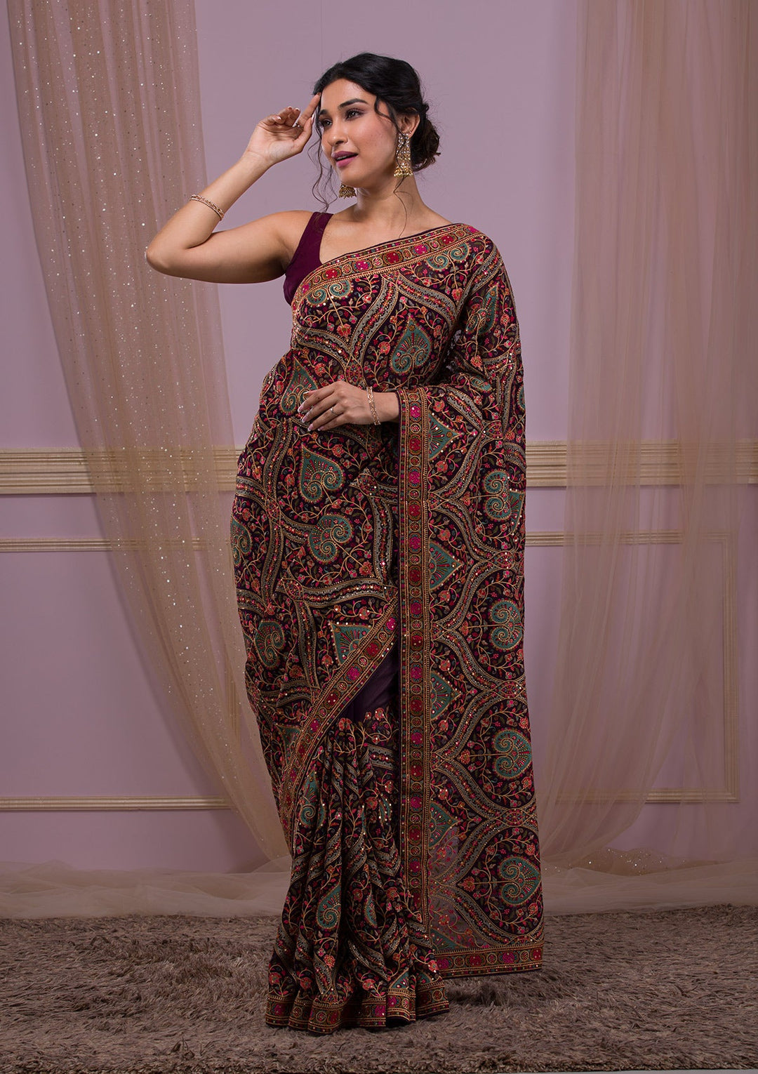 Purple Threadwork Georgette Saree-Koskii