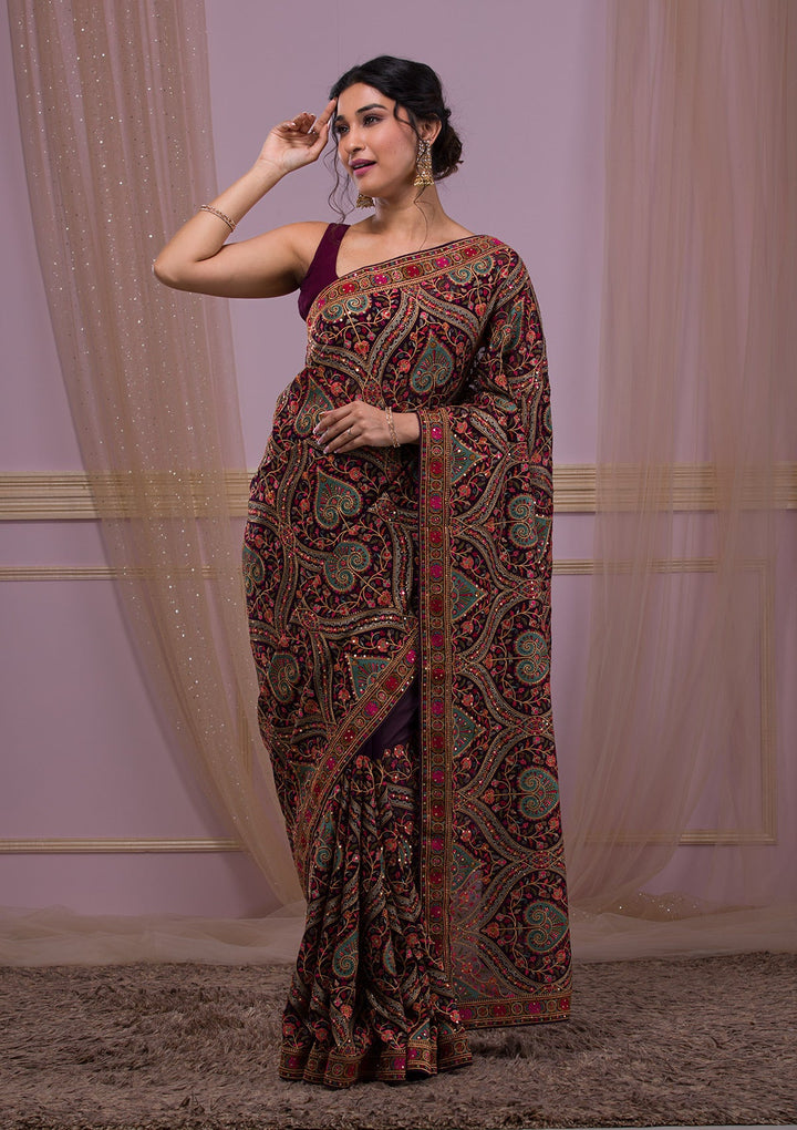 Purple Threadwork Georgette Saree-Koskii