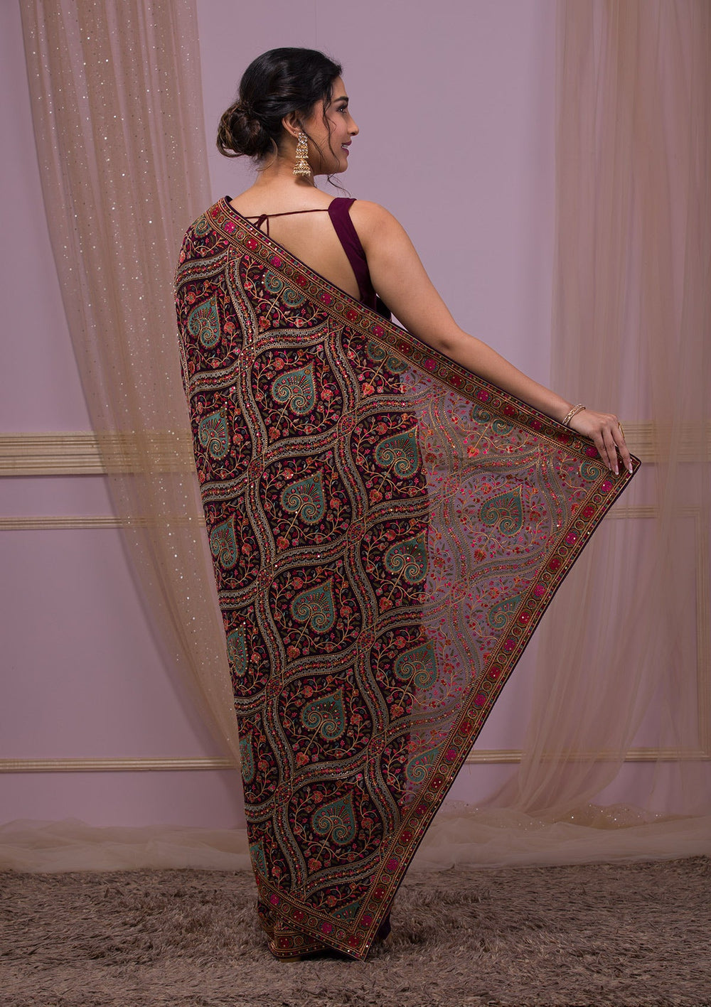 Purple Threadwork Georgette Saree-Koskii