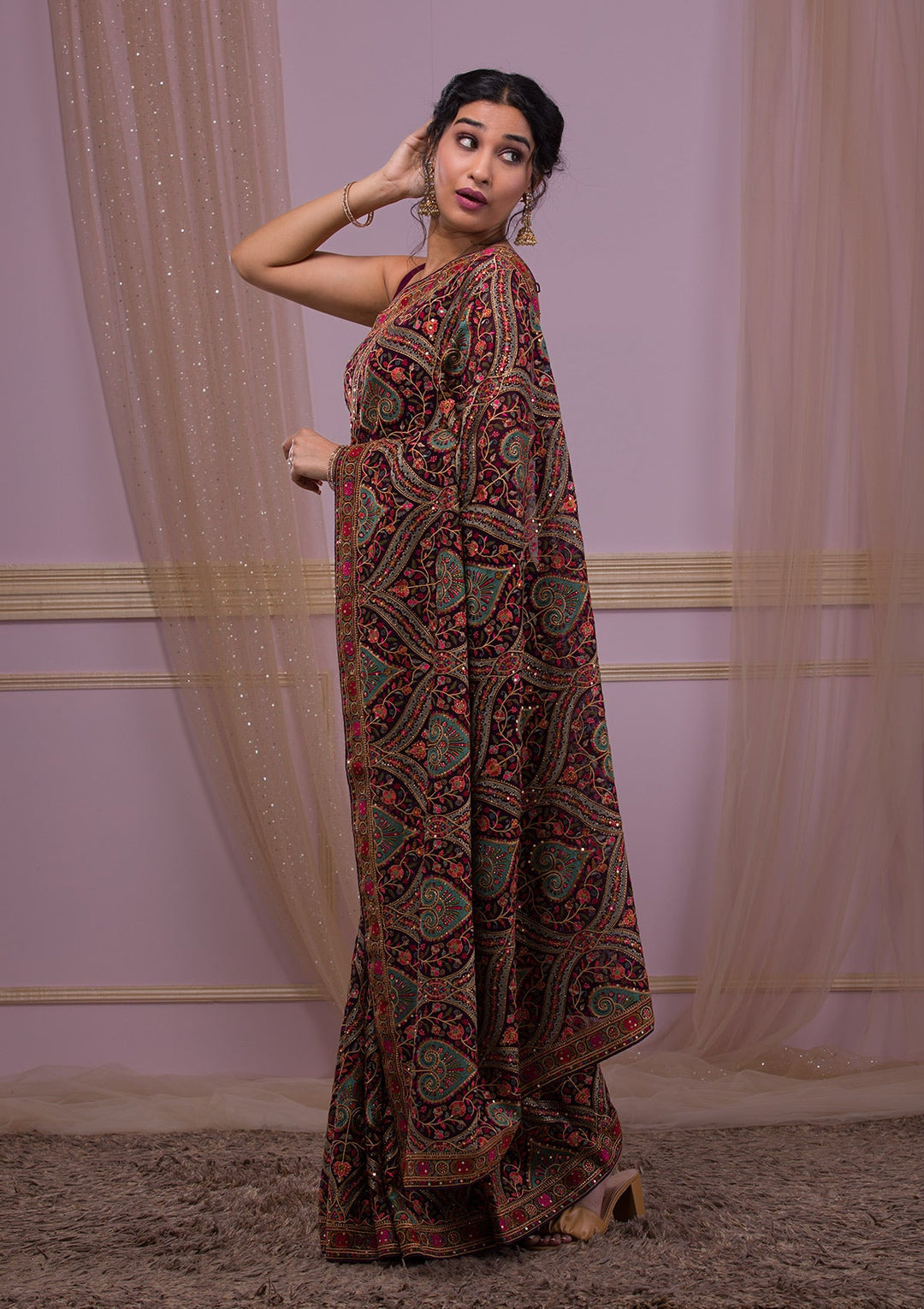 Purple Threadwork Georgette Saree-Koskii