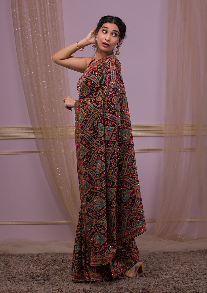 Purple Threadwork Georgette Saree-Koskii