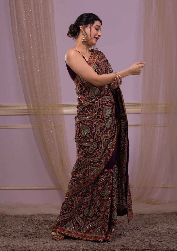 Purple Threadwork Georgette Saree-Koskii