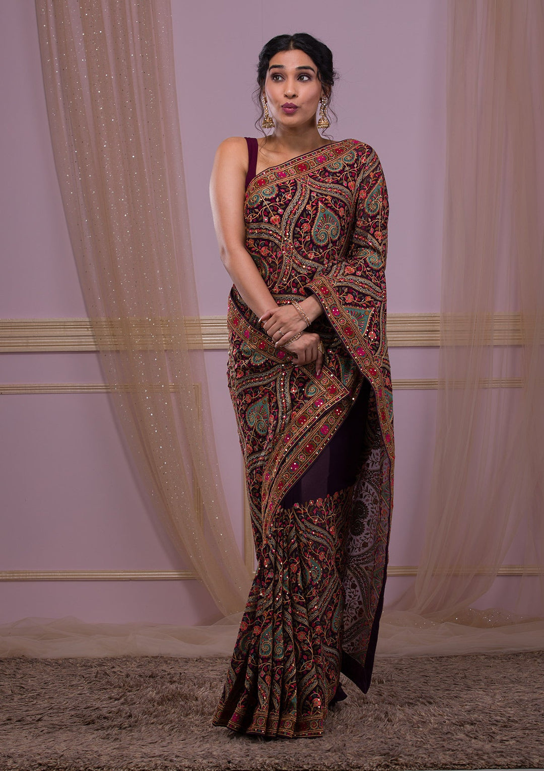 Purple Threadwork Georgette Saree-Koskii