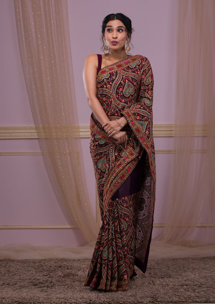Purple Threadwork Georgette Saree-Koskii