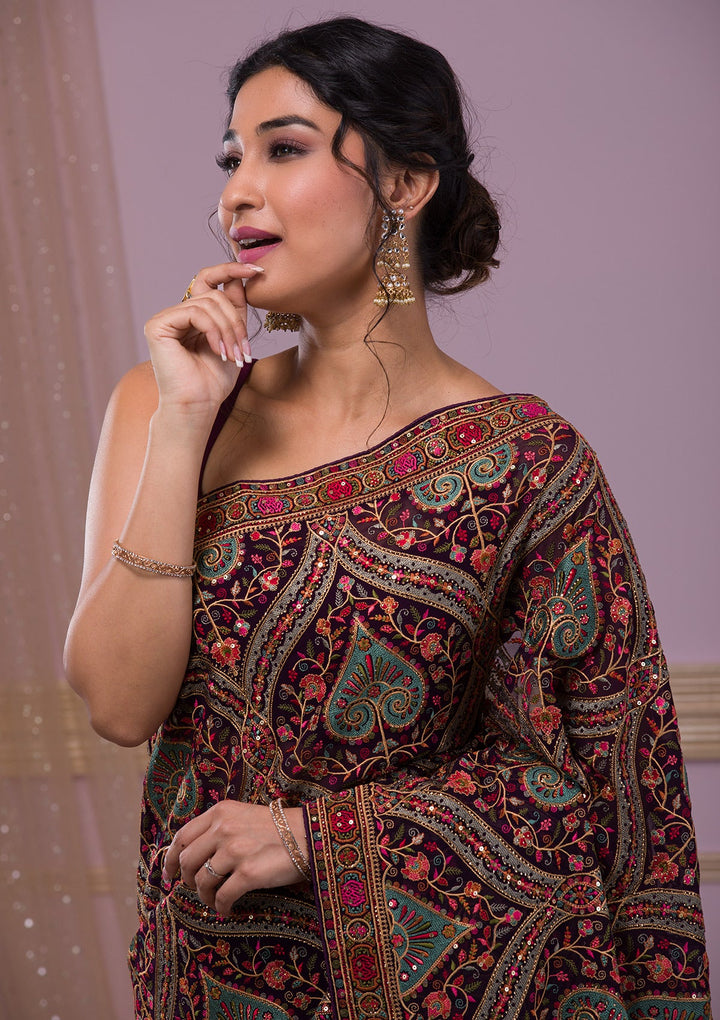 Purple Threadwork Georgette Saree-Koskii