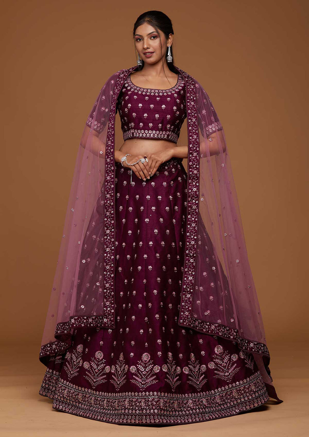 Purple Threadwork Raw Silk Designer Lehenga-Koskii