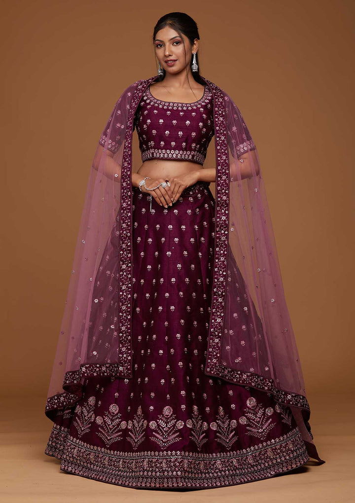 Purple Threadwork Raw Silk Designer Lehenga-Koskii