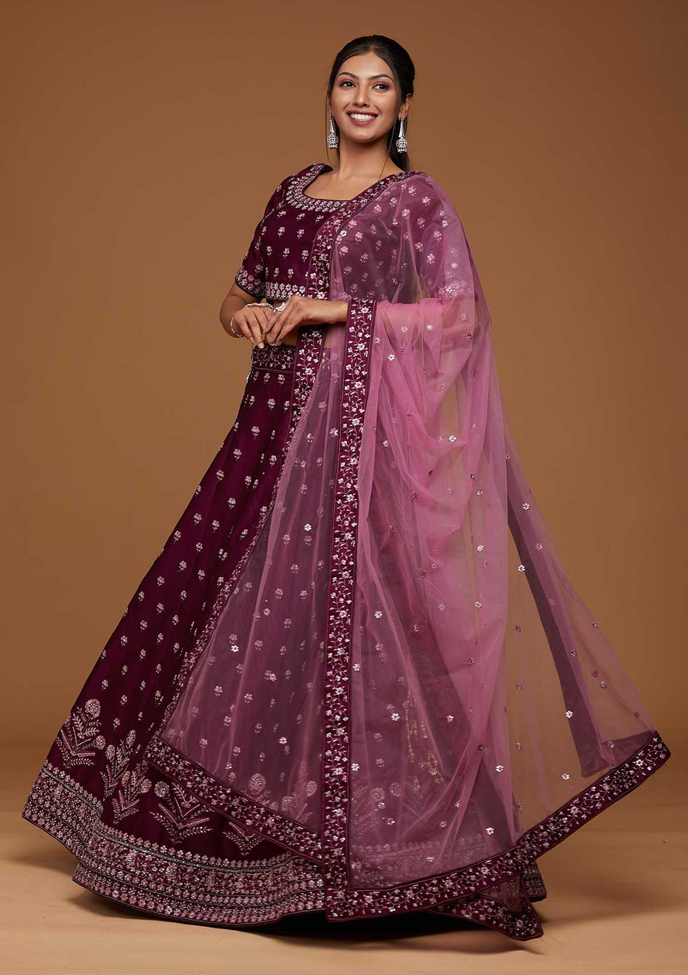 Purple Threadwork Raw Silk Designer Lehenga-Koskii