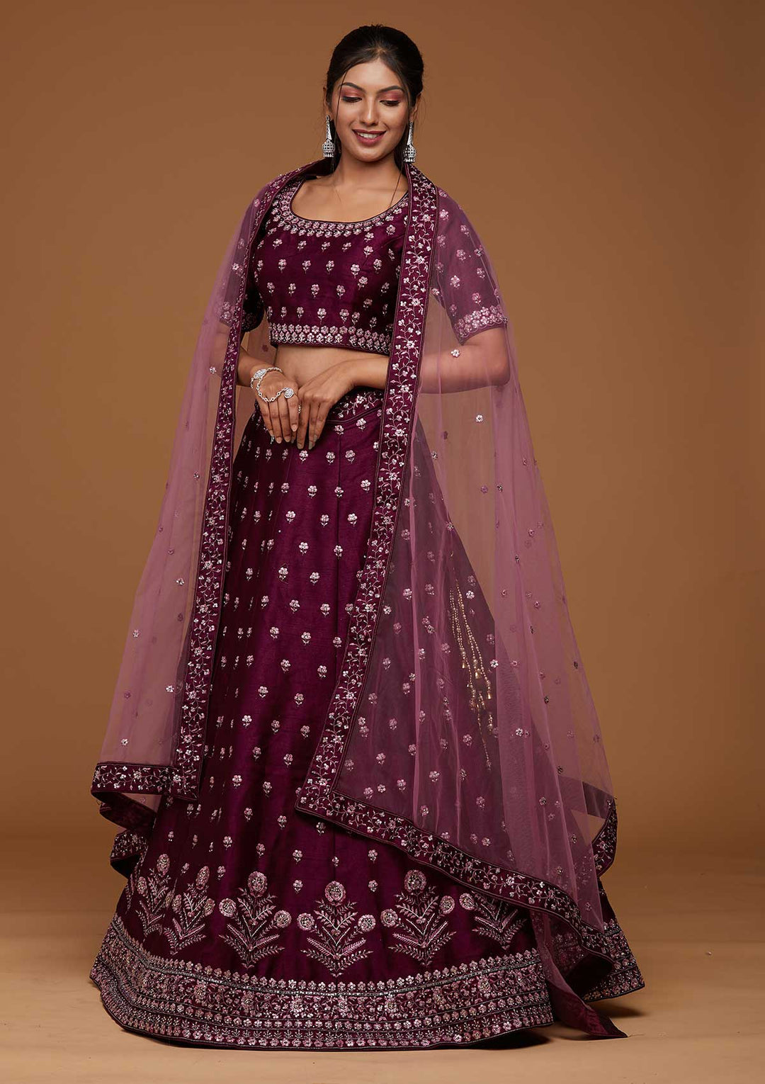 Purple Threadwork Raw Silk Designer Lehenga-Koskii