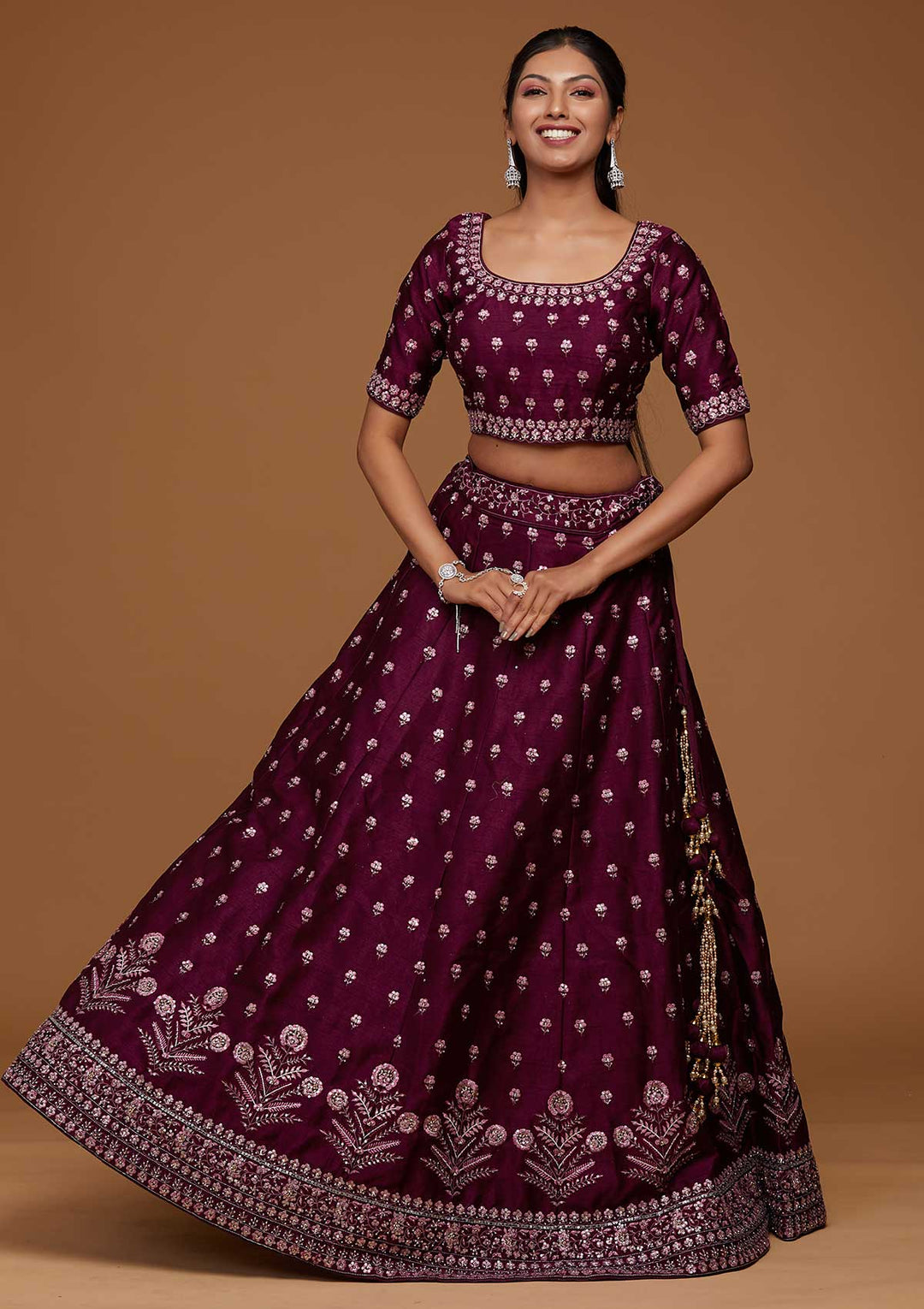 Purple Threadwork Raw Silk Designer Lehenga-Koskii