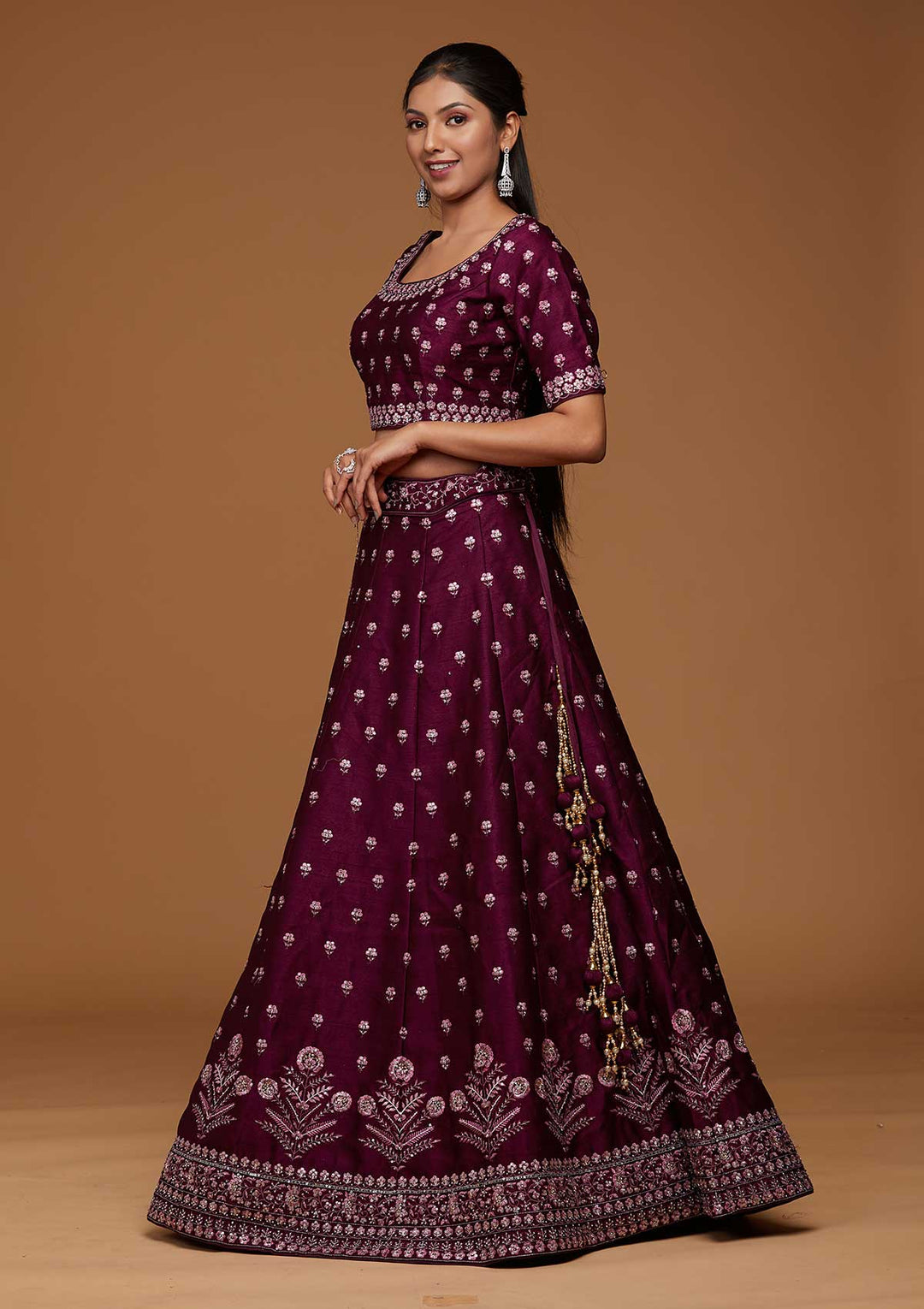 Purple Threadwork Raw Silk Designer Lehenga-Koskii