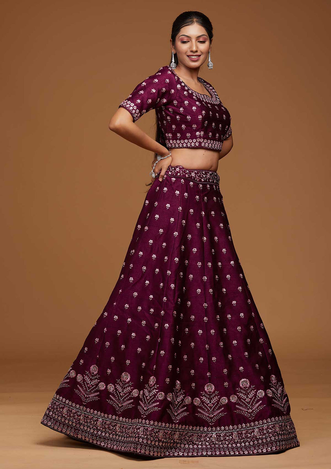 Purple Threadwork Raw Silk Designer Lehenga-Koskii