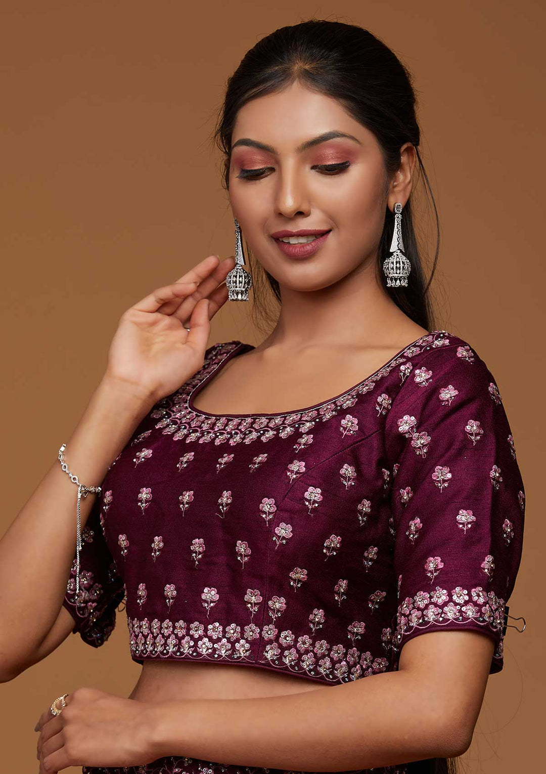 Purple Threadwork Raw Silk Designer Lehenga-Koskii