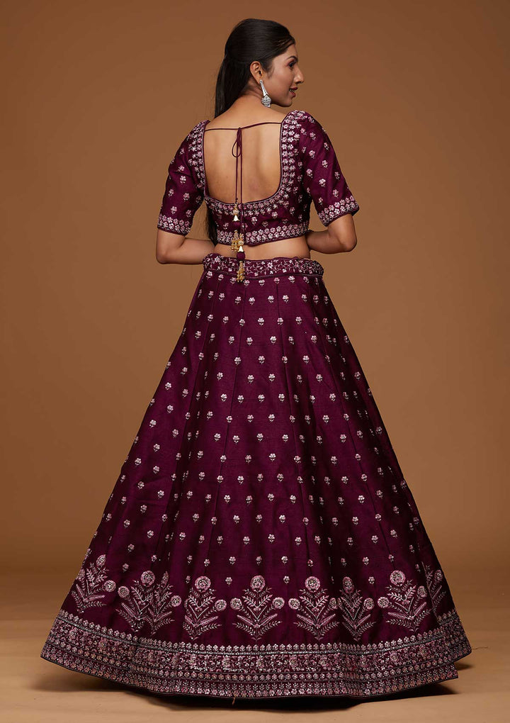 Purple Threadwork Raw Silk Designer Lehenga-Koskii