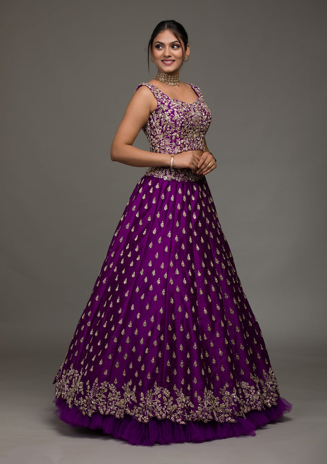 Purple Zardosi Raw Silk Lehenga-koskii