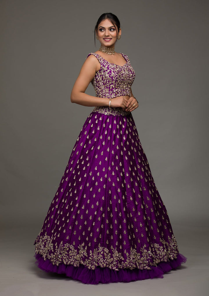 Purple Zardosi Raw Silk Lehenga-koskii
